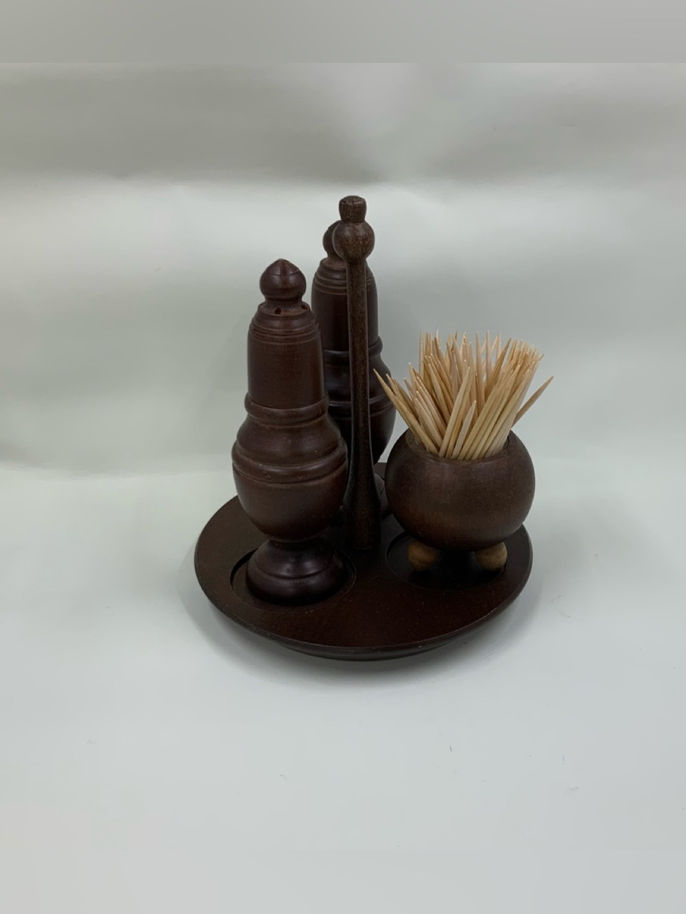 Vintage Wooden Salt & Pepper Shaker and Toothpick Holder Set - Dark Brown